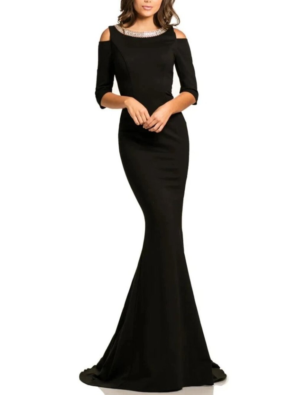 Johnathan Kayne Black Rhinestone Beaded Collar Cold Shoulder Gown